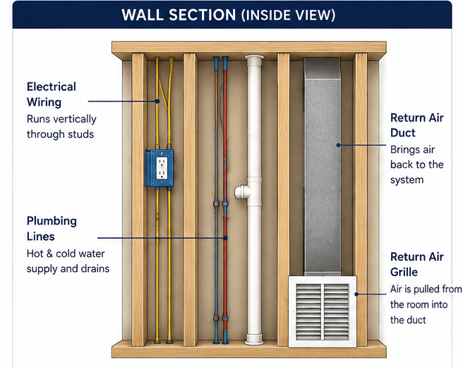 hvac, plumbing and electrical lines in wall